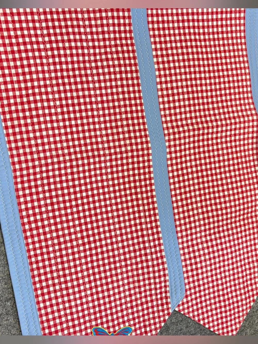 Red Gingham Table Runners with Light Blue Trim and Butterfly Embroidery